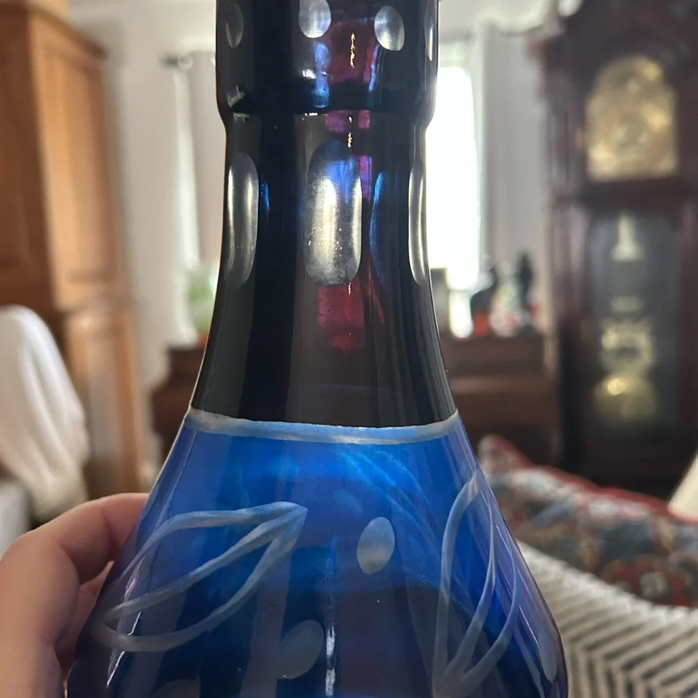 Blue Glass Vase with Leaf Design